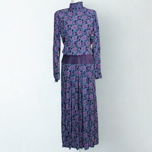 Vintage 80s Patty O'Neil Floral Maxi Dress Purple Mock Neck Maximalist Bohemian